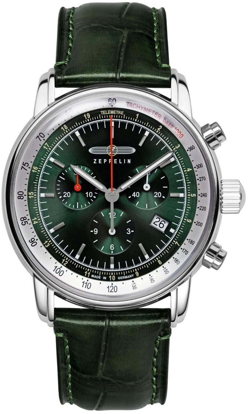 Pulsera de hombre, correa de cuero verde, esfera de cronógrafo, caja de acero inoxidable plateado