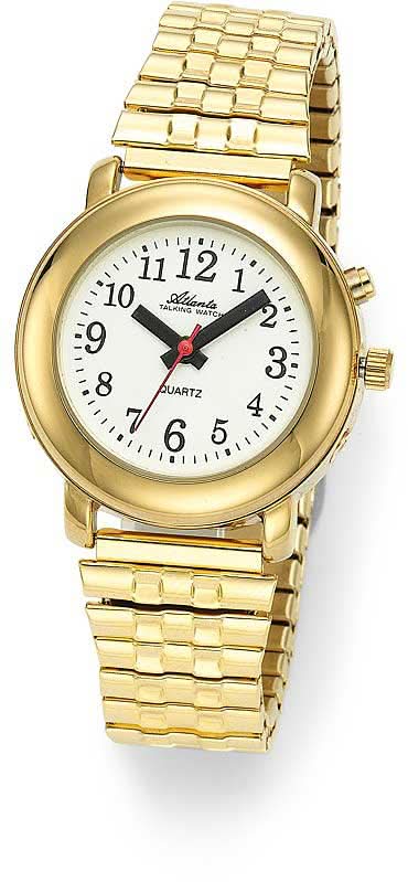 Reloj Atlanta para mujer con brazalete de metal dorado y esfera redonda blanca, manecillas rojas.