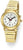 Reloj Atlanta para mujer con brazalete de metal dorado y esfera redonda blanca, manecillas rojas.