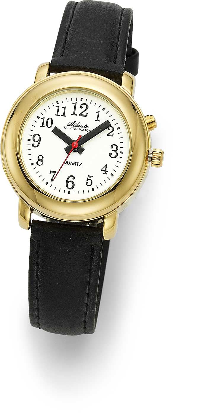 Reloj Atlanta para hombre con correa de cuero negra, caja redonda dorada y esfera analógica.