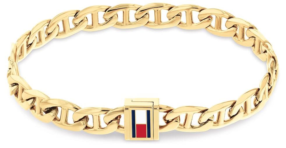 Pulsera para hombre de acero inoxidable en tono dorado con eslabones de cadena de ancla y logo a color