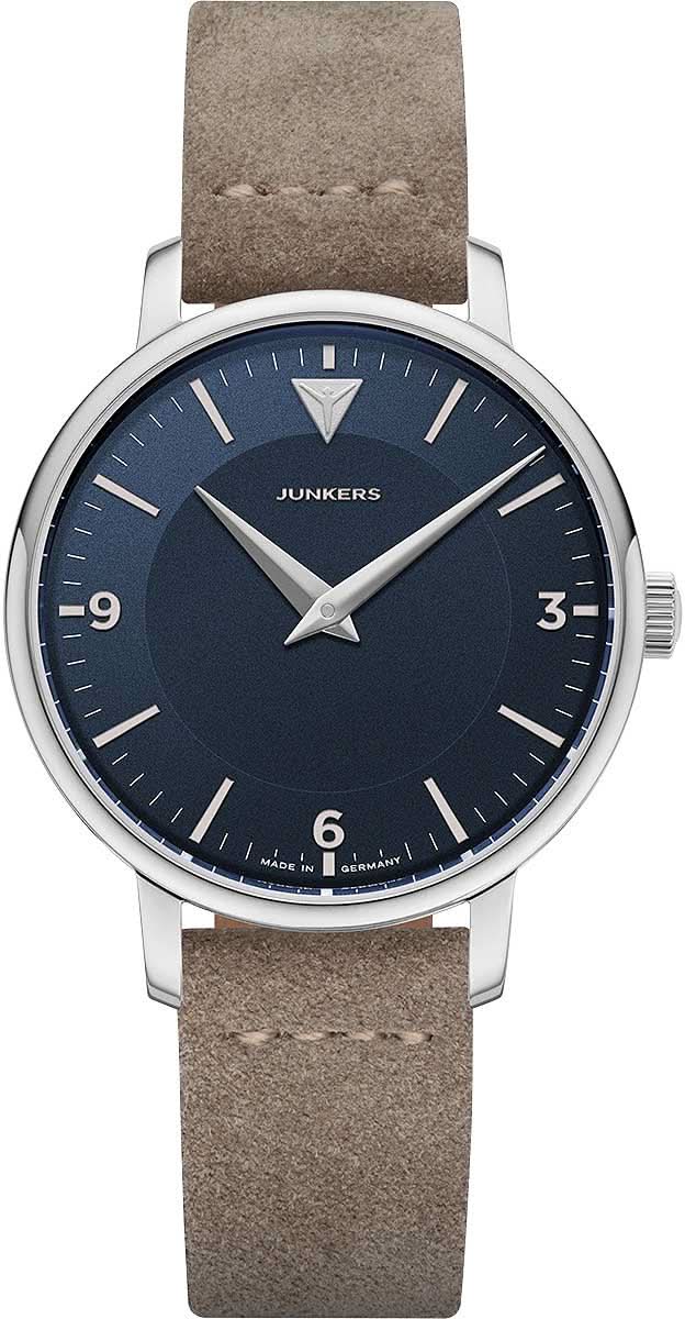 "Reloj Junkers Therese para mujer estilo Bauhaus con esfera azul oscuro y correa de cuero beige"