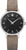 "Reloj de mujer: esfera negra, caja plateada, correa de cuero marrón"