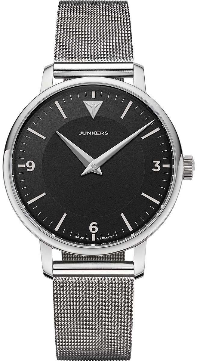 "Reloj Junkers para mujer con esfera negra y correa de malla plateada, forma de caja redonda"
