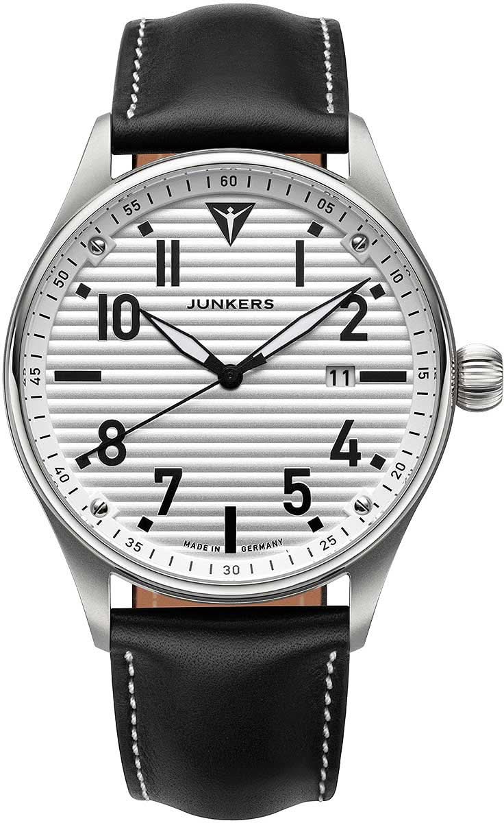 Reloj Junkers para hombre con correa de cuero negra, caja plateada y esfera blanca