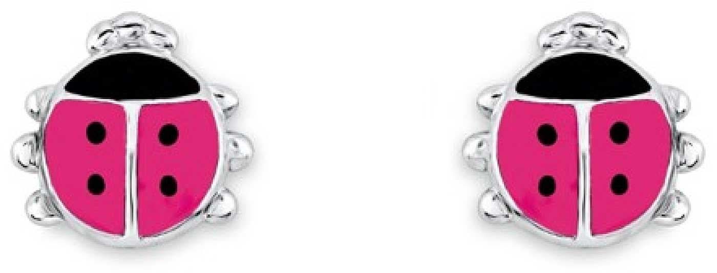 Pendientes de mariquita rosa con borde plateado y puntos negros