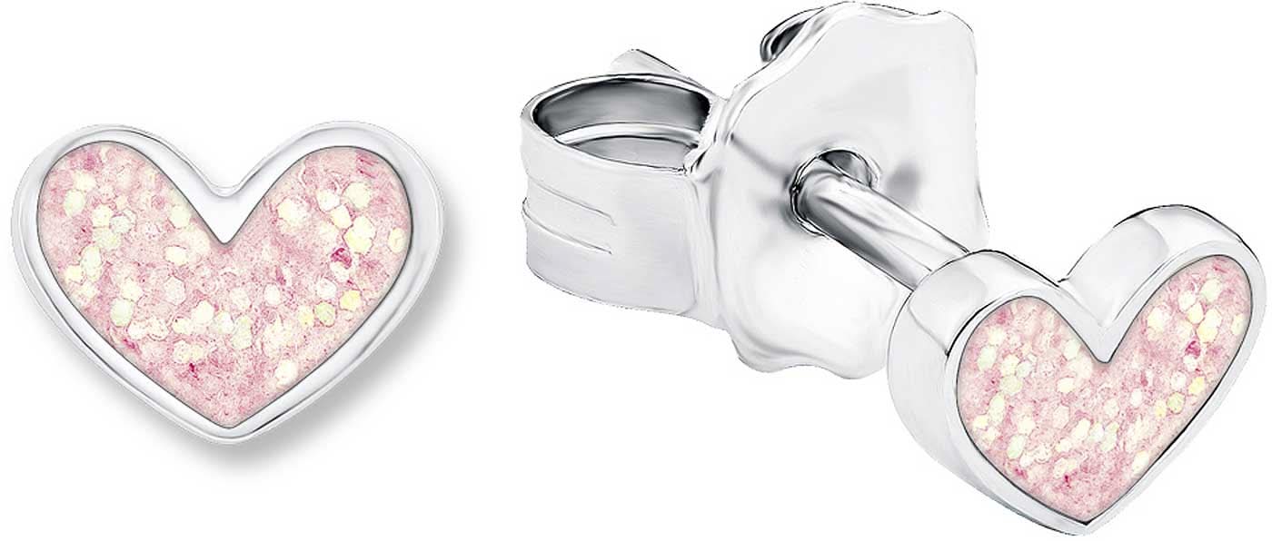 Pendientes con piedras en forma de corazón, esmalte rosa brillante y montura plateada