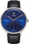 Reloj unisex con esfera azul, manecillas plateadas y correa de cuero negra