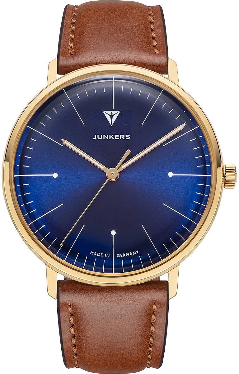 Reloj de pulsera para hombre Junkers con esfera azul, caja dorada y correa de cuero marrón