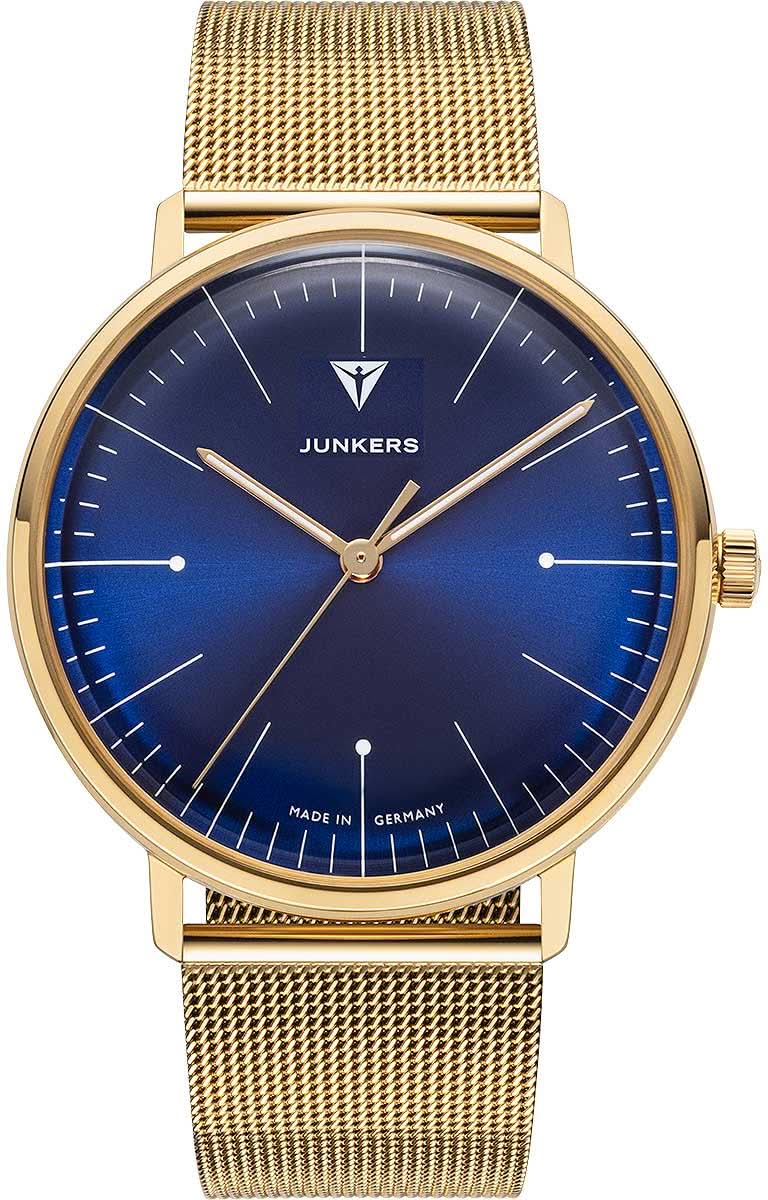 Pulsera de hombre Junkers Bauhaus con esfera azul y brazalete de metal dorado