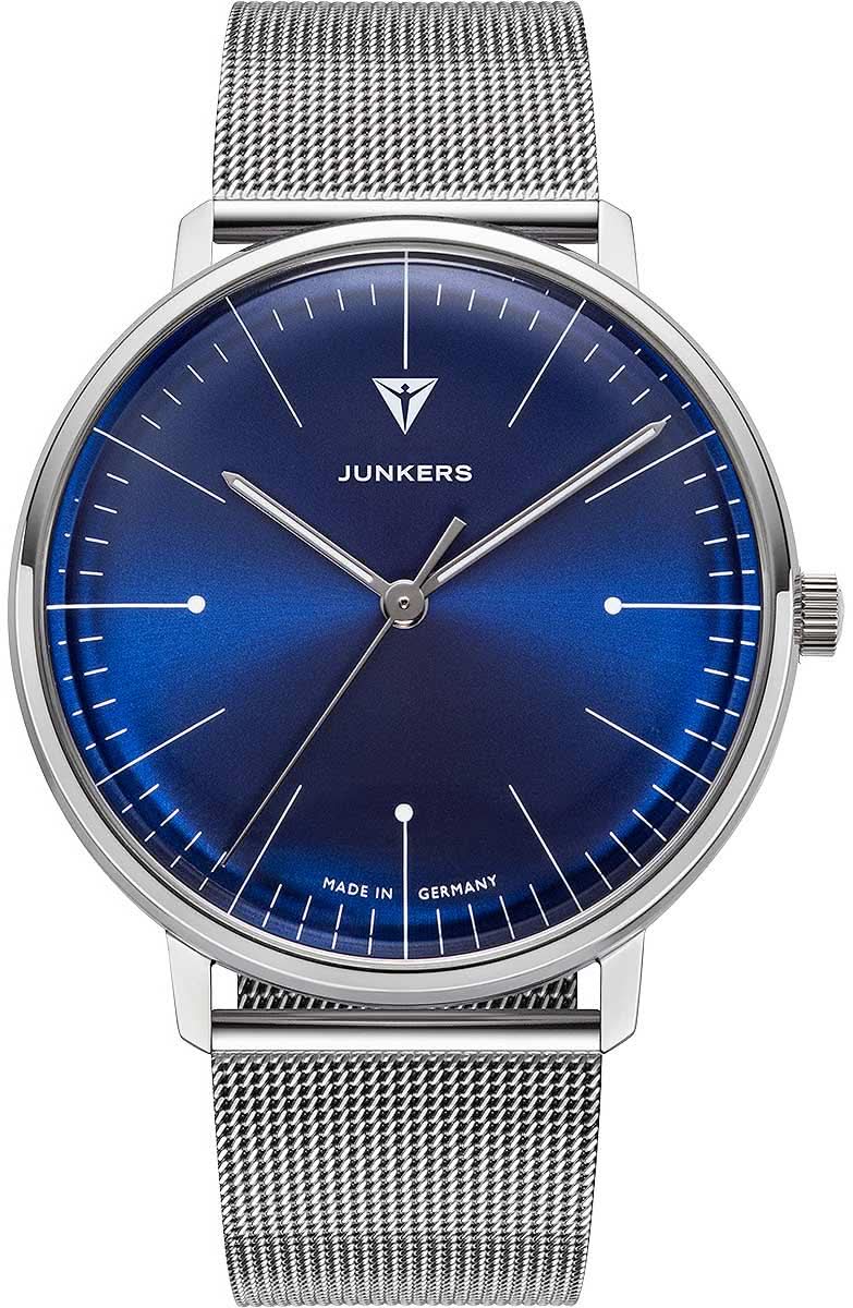 Reloj Junkers para hombre con esfera azul, correa fina de malla y bisel redondo