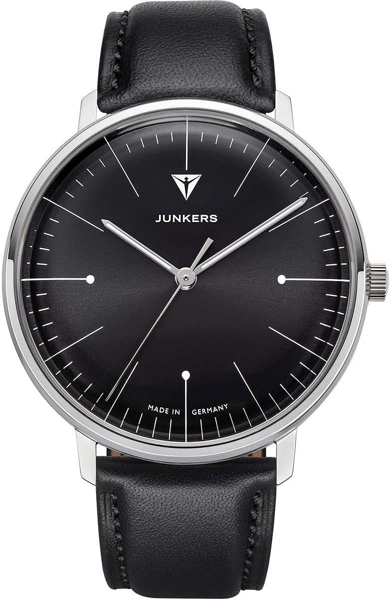 Reloj de pulsera para hombre JUNKERS con esfera negra, caja plateada y correa de piel