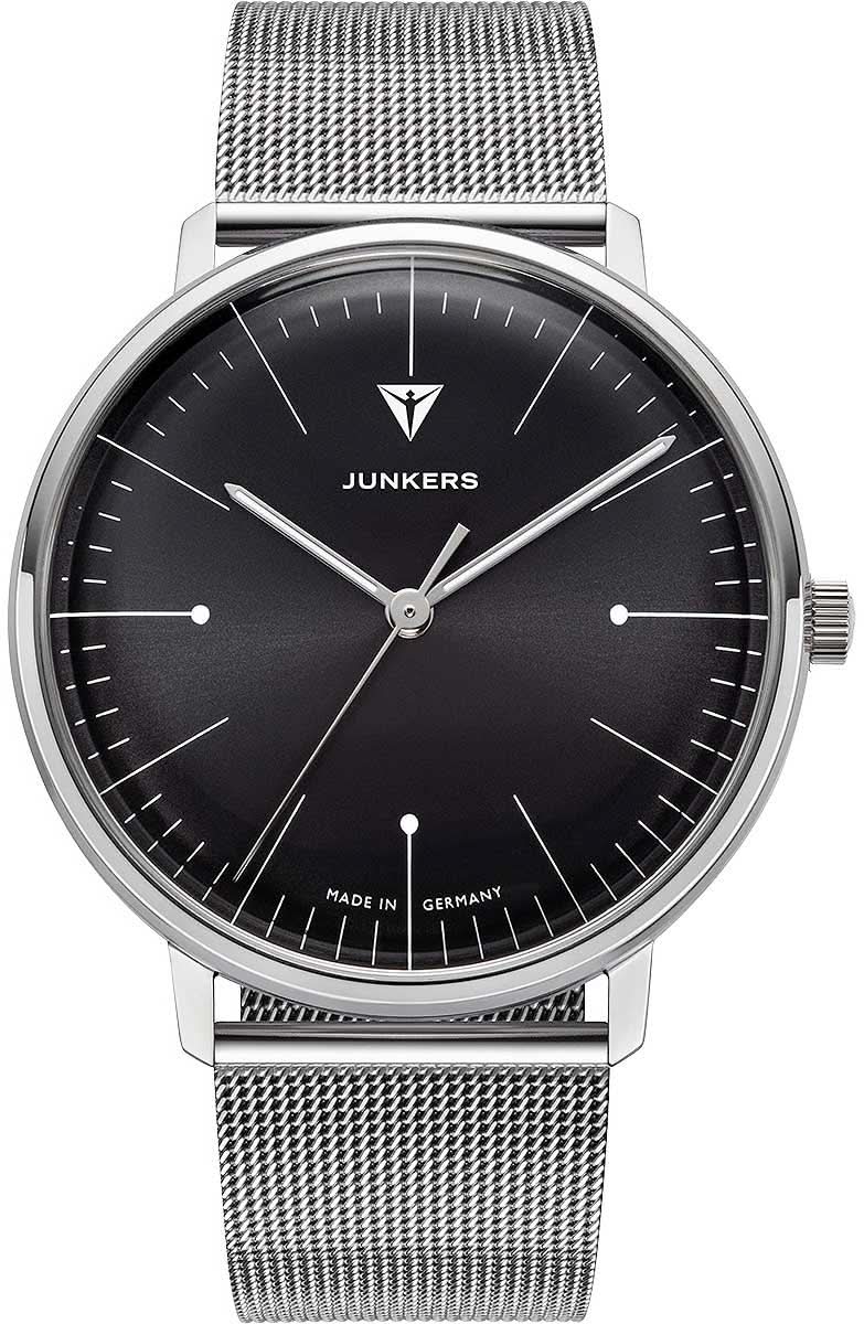 Reloj Junkers para hombre con esfera negra y correa de malla de acero inoxidable, manecillas plateadas