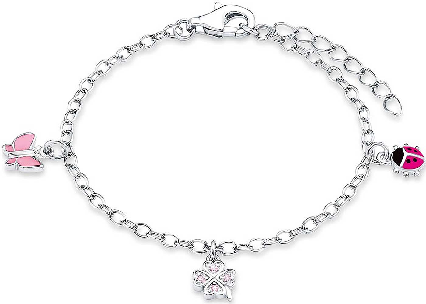 Pulsera de plata con charms de mariposa rosa, mariquita y flor