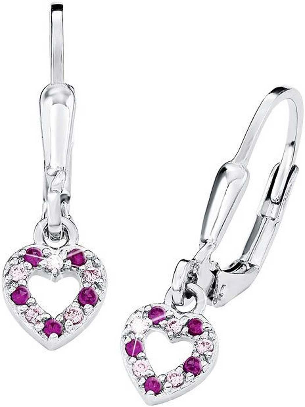 Pendientes de botón en forma de corazón de metal plateado con pedrería rosa y morada