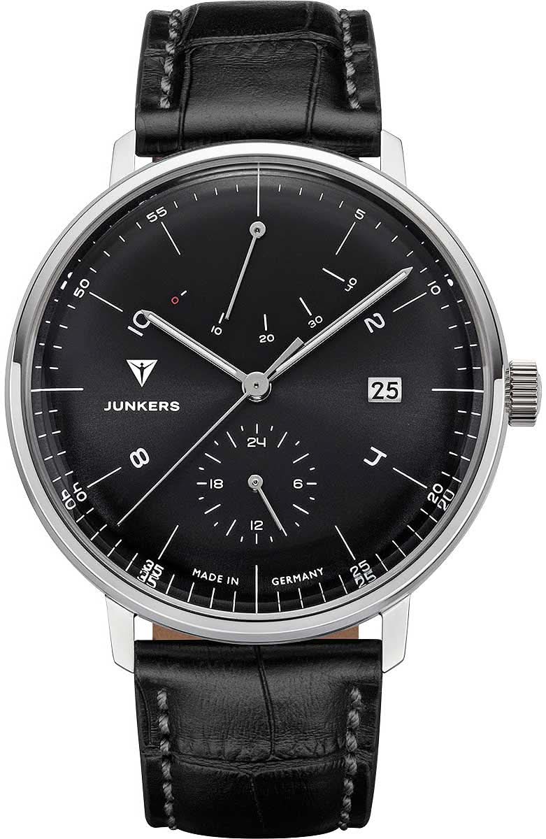 Reloj de pulsera Junkers para hombre con esfera negra, indicador de fecha y correa de cuero negra