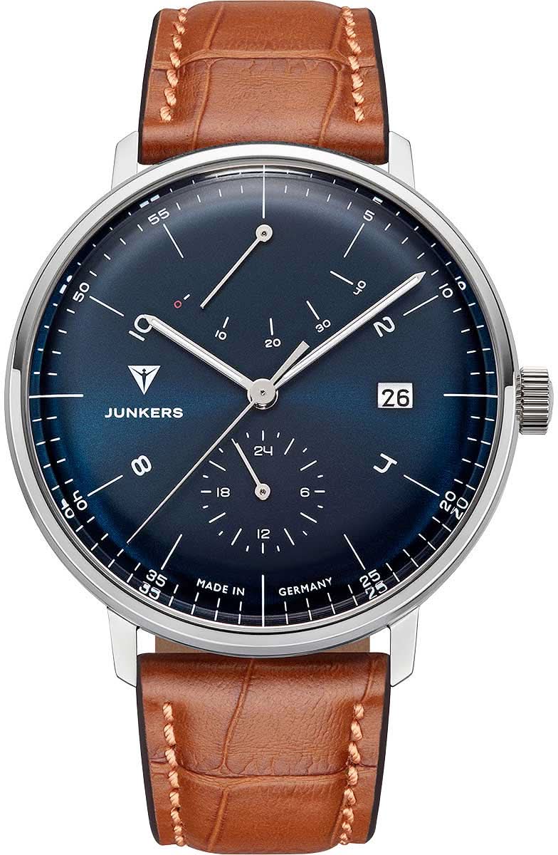 Pulsera de hombre con esfera azul, correa de cuero marrón e indicador de fecha