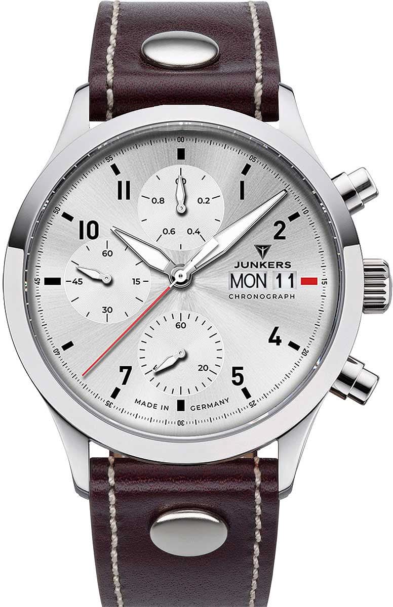 Reloj Junkers para hombre con esfera plateada de cronógrafo y correa de cuero marrón oscuro