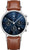 Reloj de hombre con caja redonda plateada, esfera azul y correa de cuero marrón