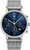 Reloj de hombre con esfera azul, correa de metal plateado y visualización de fecha a las 3