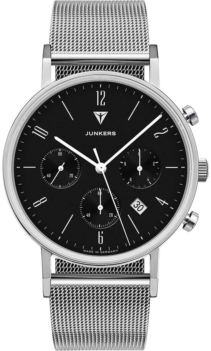 Reloj Junkers para hombre con esfera negra, caja plateada y correa de metal