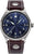 Reloj de hombre redondo con esfera azul, caja plateada y correa de cuero marrón