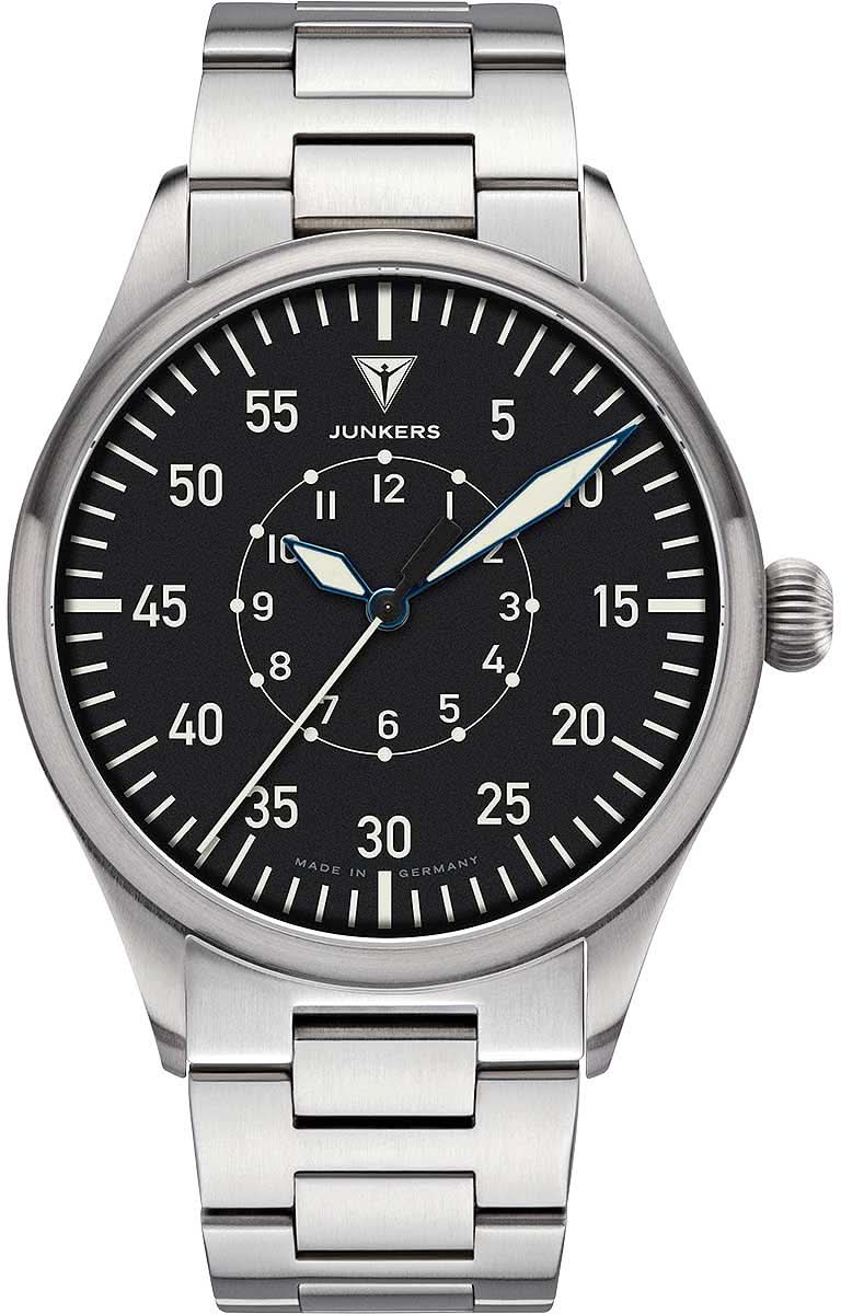 Reloj de piloto para hombre Junkers con esfera negra, correa de acero y visualización analógica