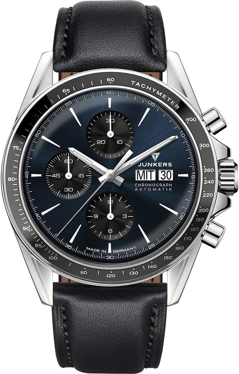 Reloj Junkers para hombre con correa de cuero negra, esfera azul y detalles de cronógrafo.