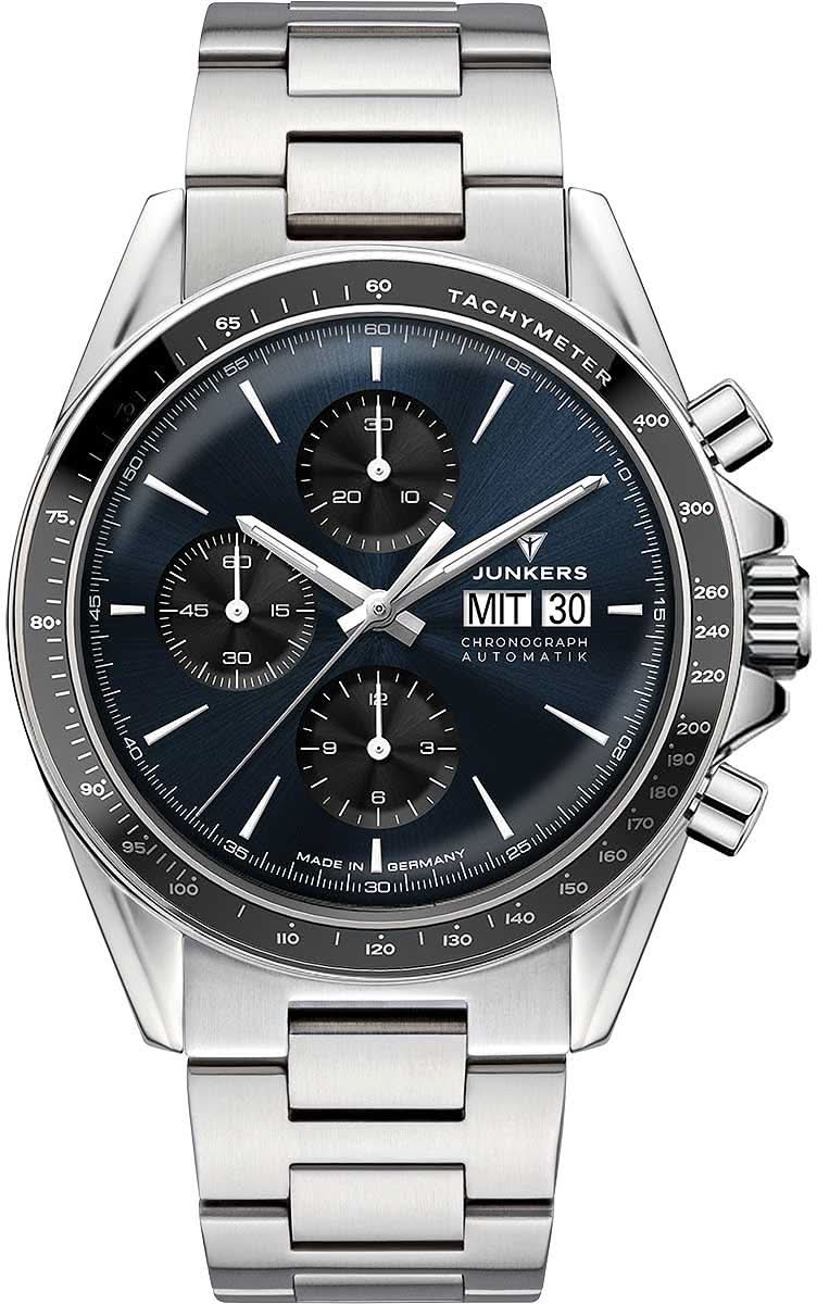Reloj Junkers para hombre: brazalete de acero, esfera azul de cronógrafo, automático