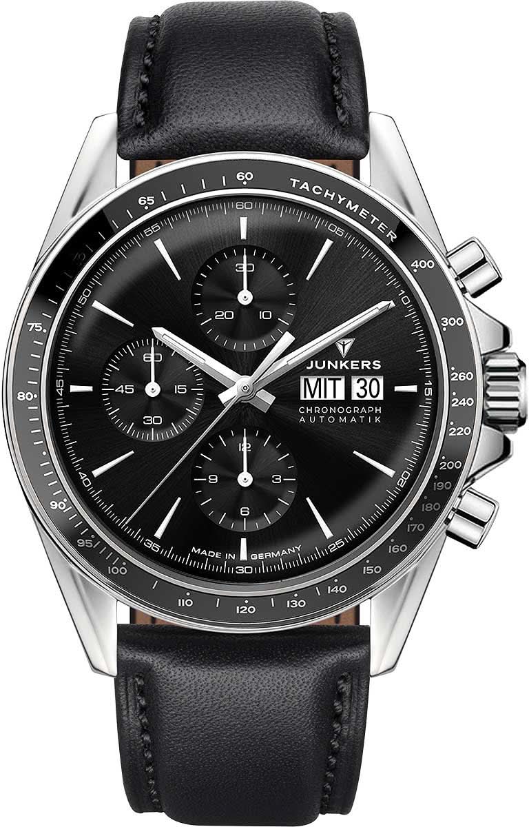 Reloj de pulsera Junkers para hombre con correa de cuero negra, esfera negra y cronógrafo