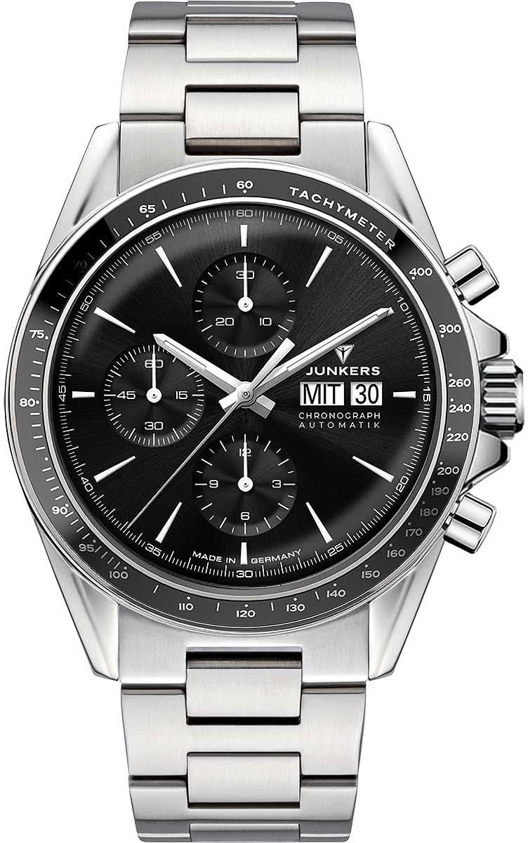 Reloj de pulsera para hombre Junkers con esfera negra y correa de acero inoxidable, cronógrafo