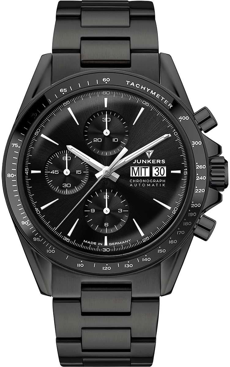 Reloj Junkers para hombre con cronógrafo negro, taquímetro, tres subesferas y correa negra.