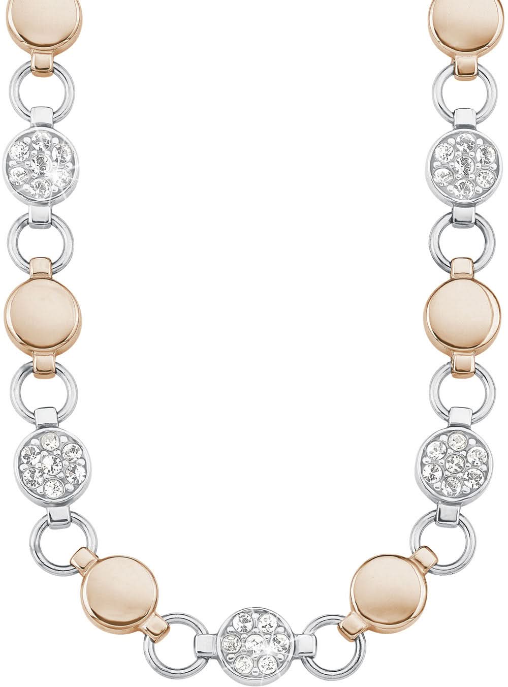 Collar bicolor con eslabones redondos y charms de cristal en plateado y beige