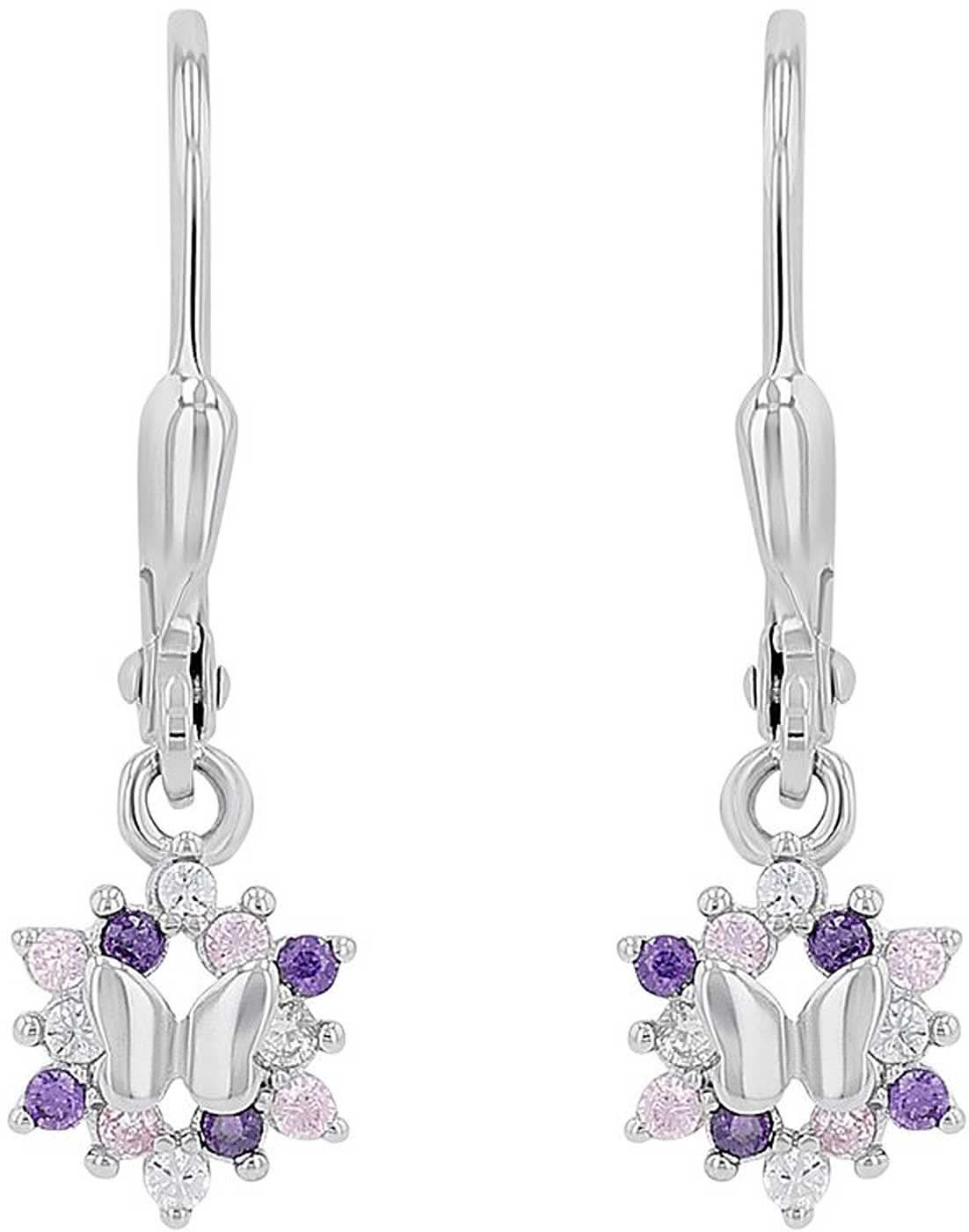 Pendientes de plata con colgante de mariposa y detalles morados