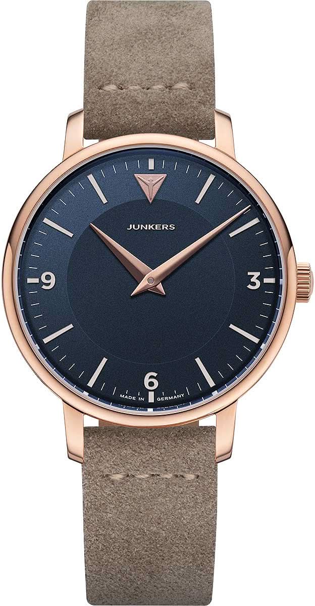 Reloj Junkers estilo Bauhaus para mujer con esfera azul oscuro, caja de oro rosa y correa de cuero beige