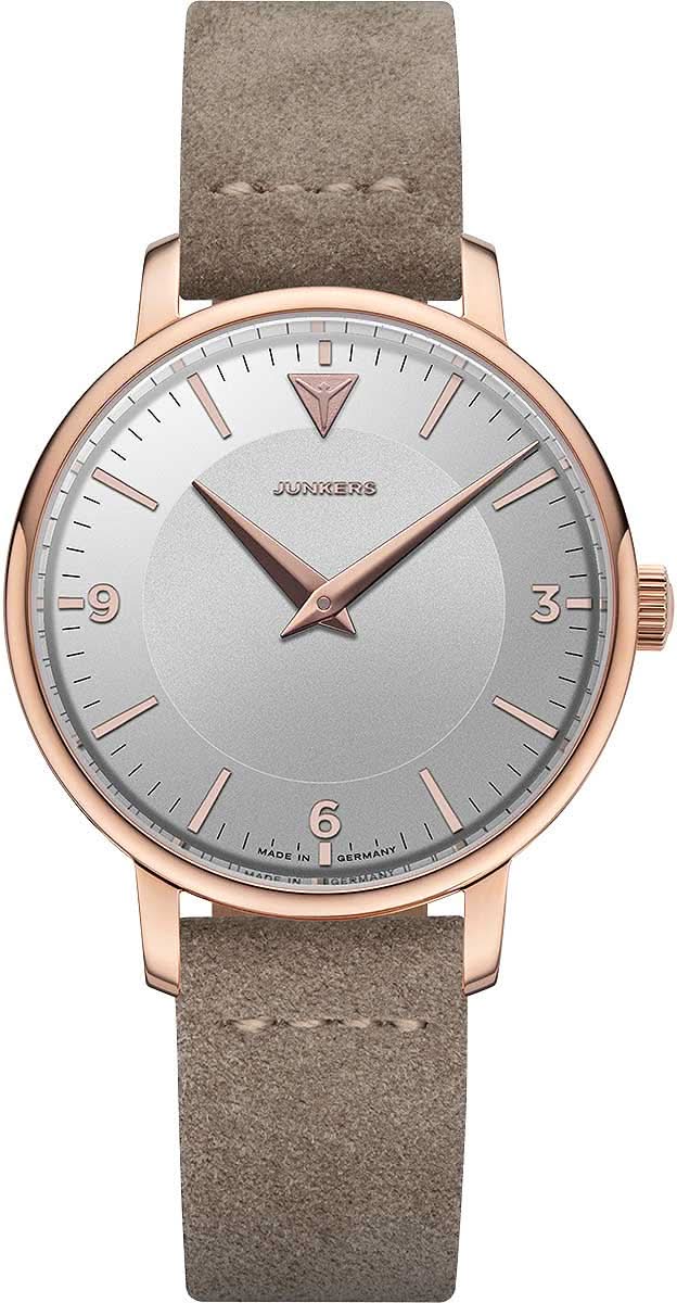 Reloj Junkers para mujer: caja en tono oro rosa, esfera gris, correa de cuero gris