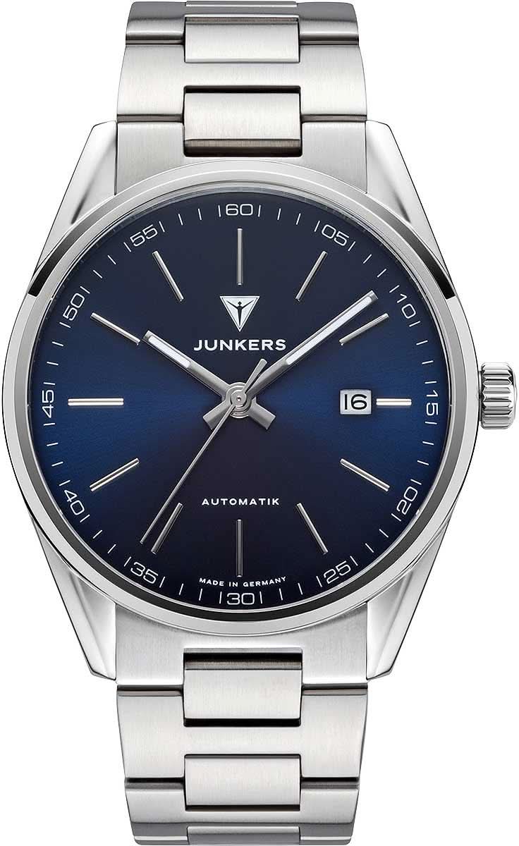 Reloj Junkers para hombre con correa de metal, esfera azul e indicador de fecha a las 16