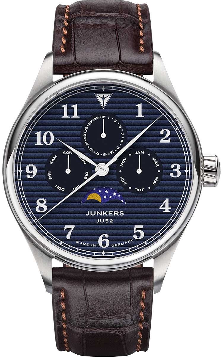 Pulsera de hombre con esfera azul oscuro, indicador de fases lunares y correa de cuero marrón