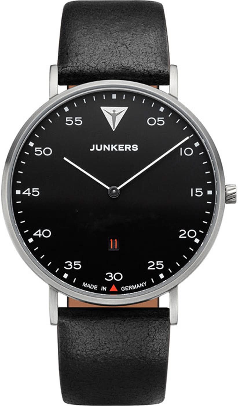 Pulsera de hombre con esfera negra, correa de cuero negra y caja plateada