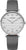 "Reloj de mujer con caja redonda plateada, esfera blanca y correa de piel gris"