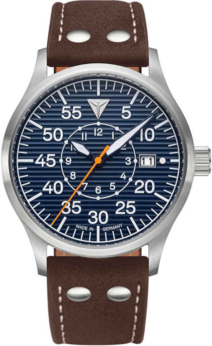 Reloj de hombre con esfera azul, correa de cuero marrón y caja de acero inoxidable plateado