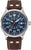 Reloj de hombre con esfera azul, correa de cuero marrón y caja de acero inoxidable plateado
