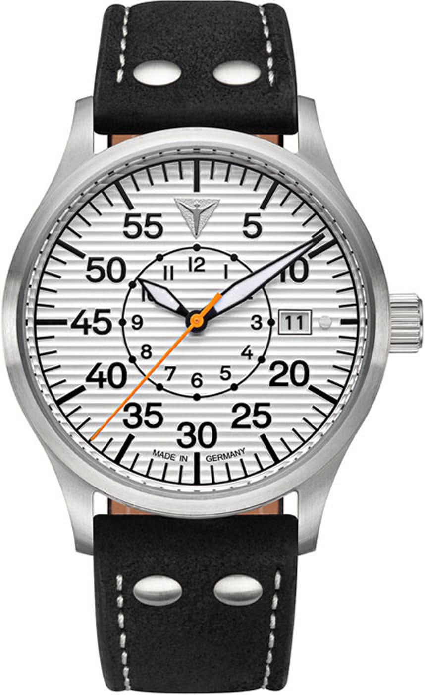 Reloj de hombre con correa de cuero negra y caja plateada, esfera con números