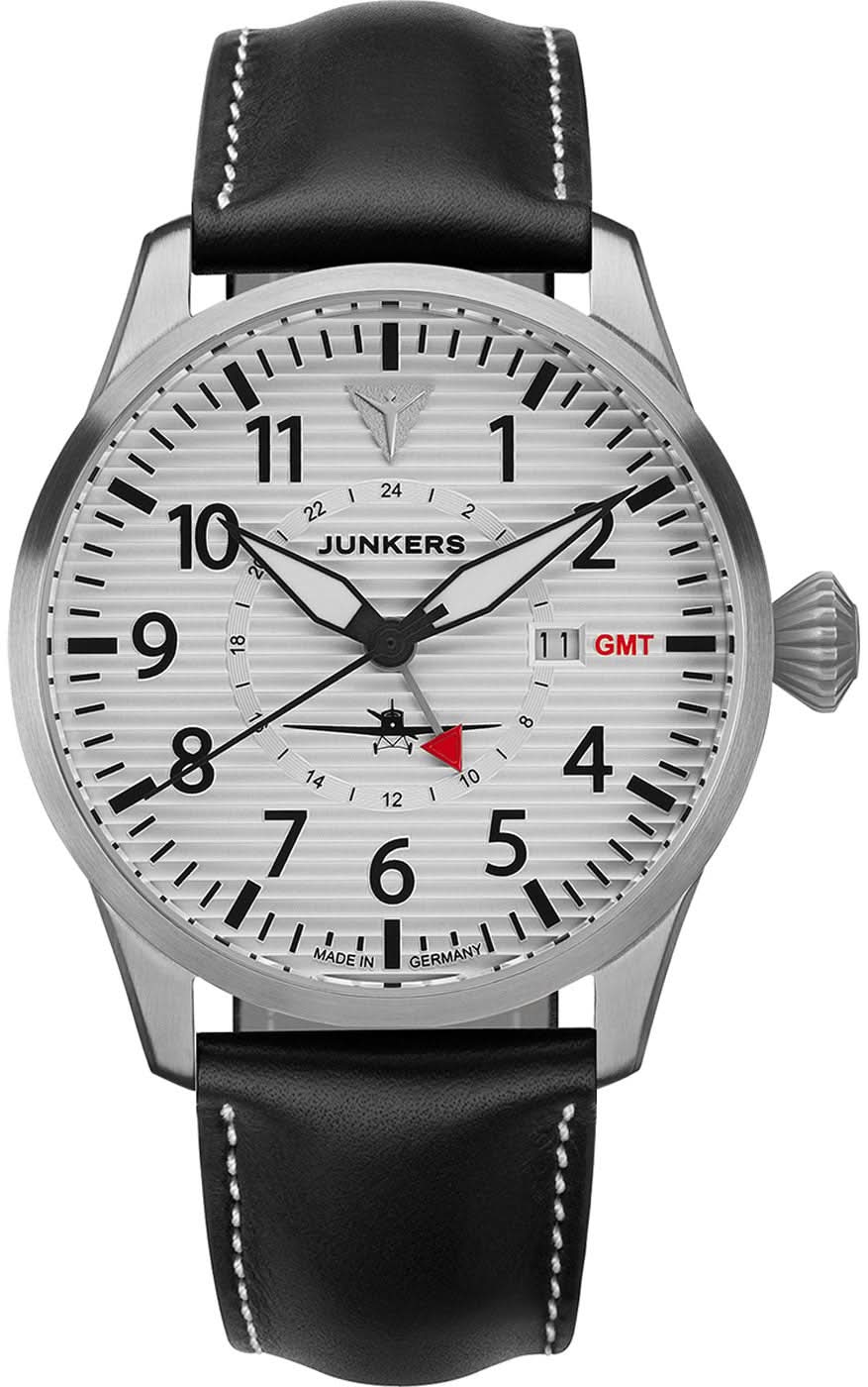 Pulsera de hombre con correa de cuero negra, caja plateada y esfera blanca, GMT