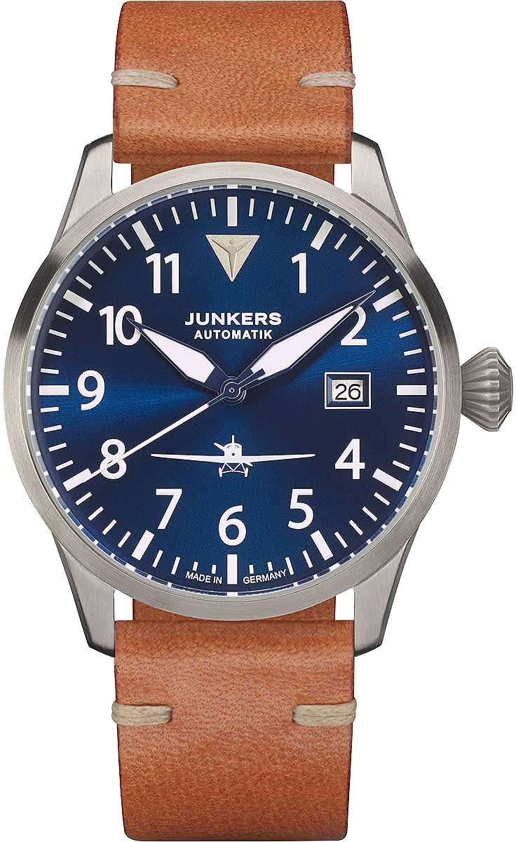 Reloj de hombre con esfera azul, ventana de fecha y correa de cuero marrón, automático