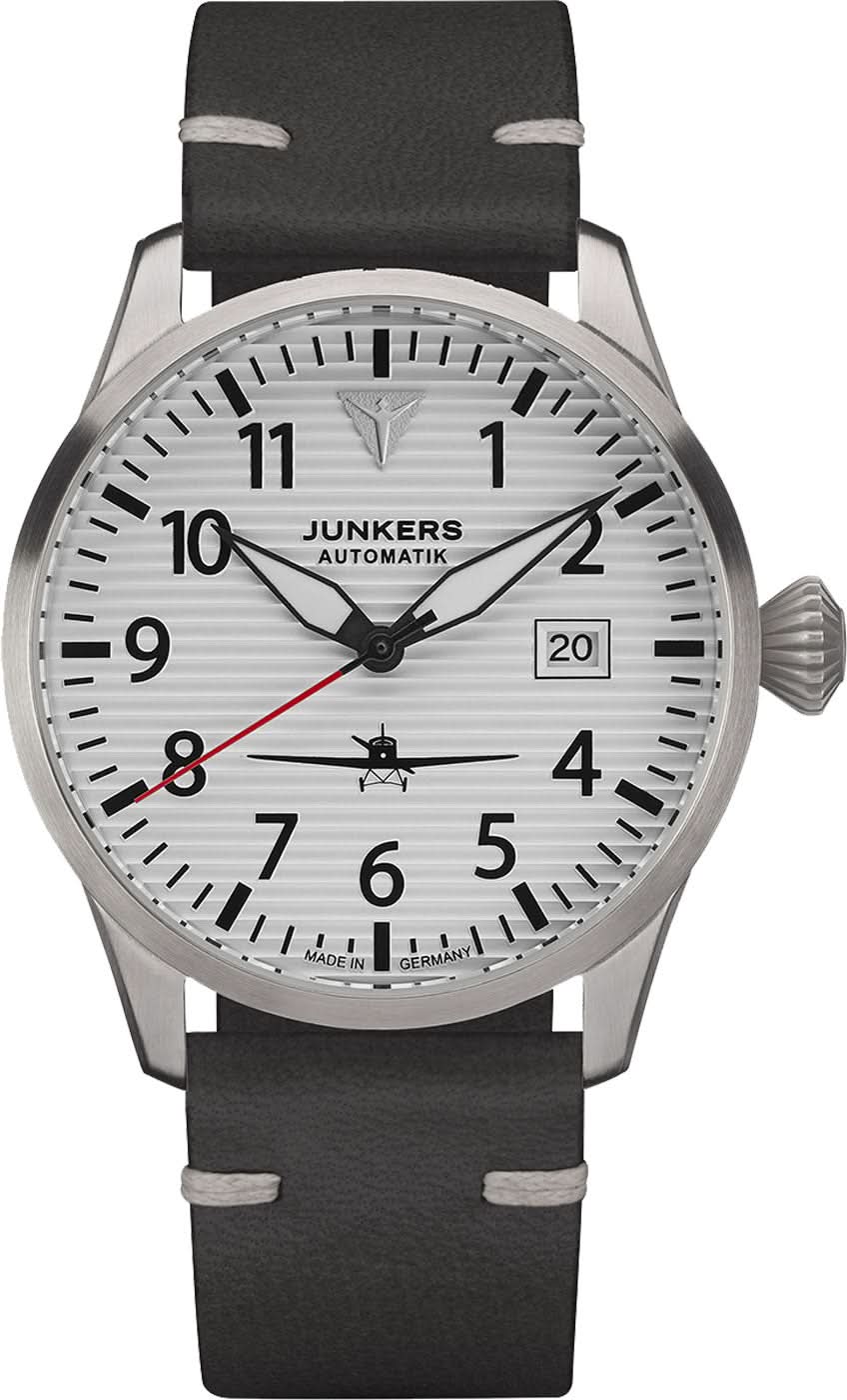 Pulsera de hombre: correa de cuero negra, caja plateada, esfera blanca, ventana de fecha
