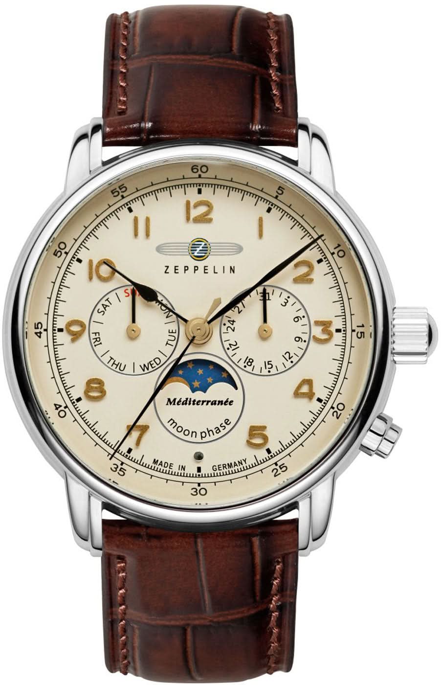 Reloj de hombre con correa de cuero marrón, caja plateada y esfera beige
