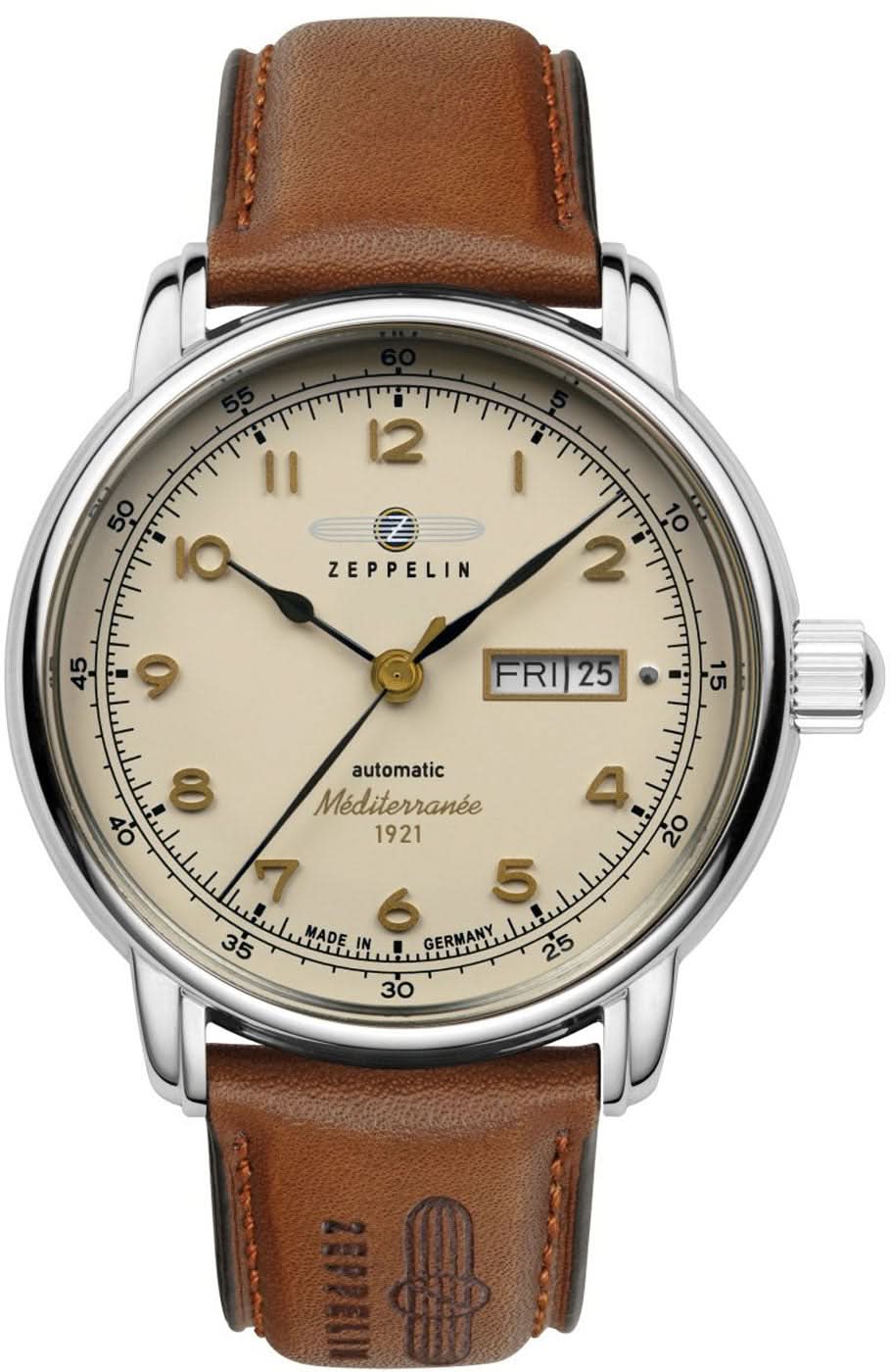 Pulsera de hombre con correa de cuero marrón y esfera beige, bisel redondo de acero inoxidable