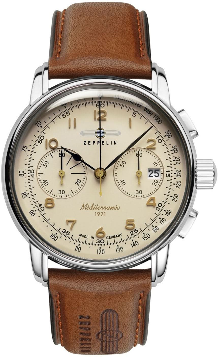 Reloj de hombre con correa de cuero marrón y esfera beige, cronógrafo con dos subesferas