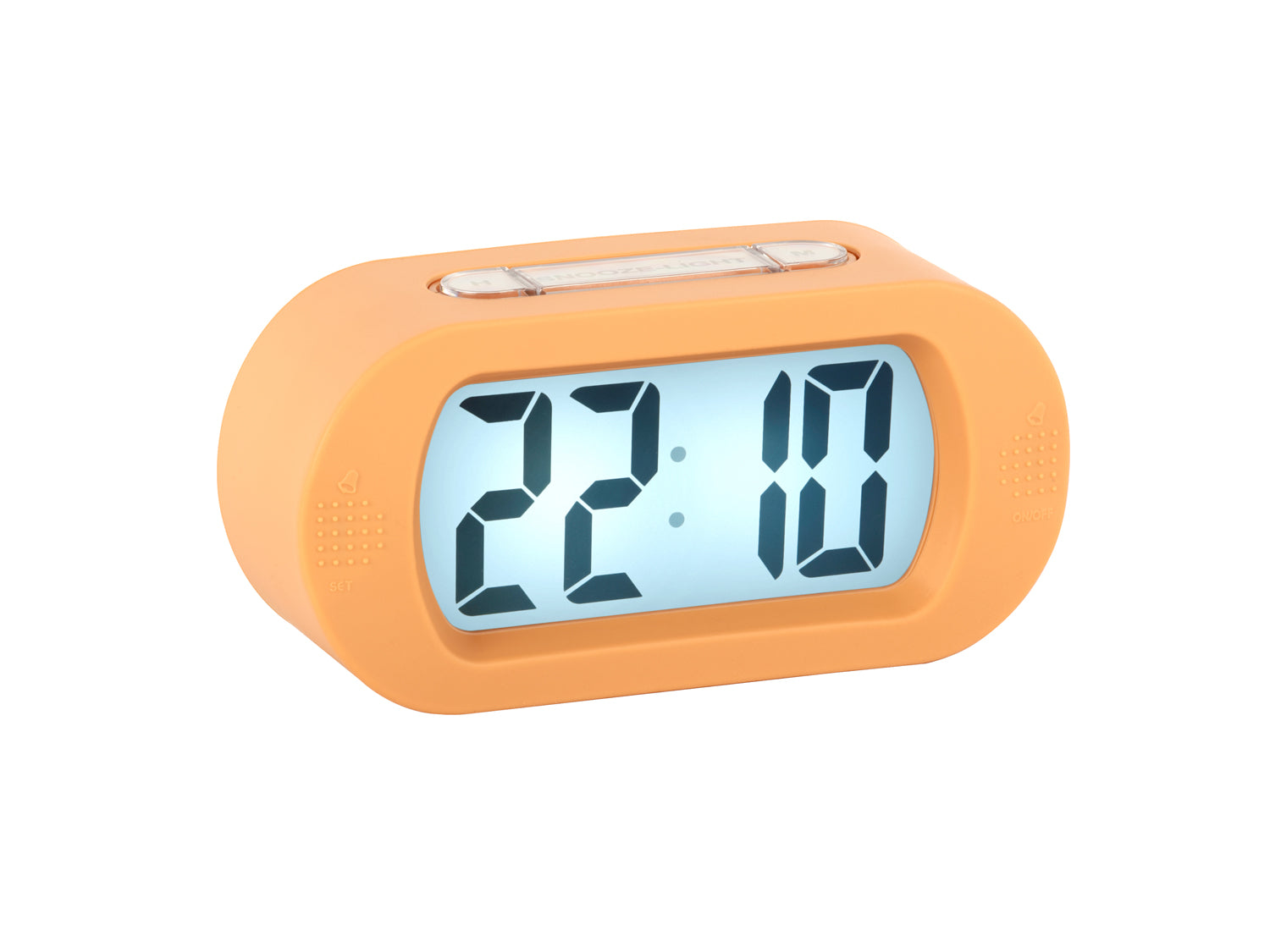 Digitalwecker in Softorange mit großem LCD-Display, Uhrzeit sichtbar